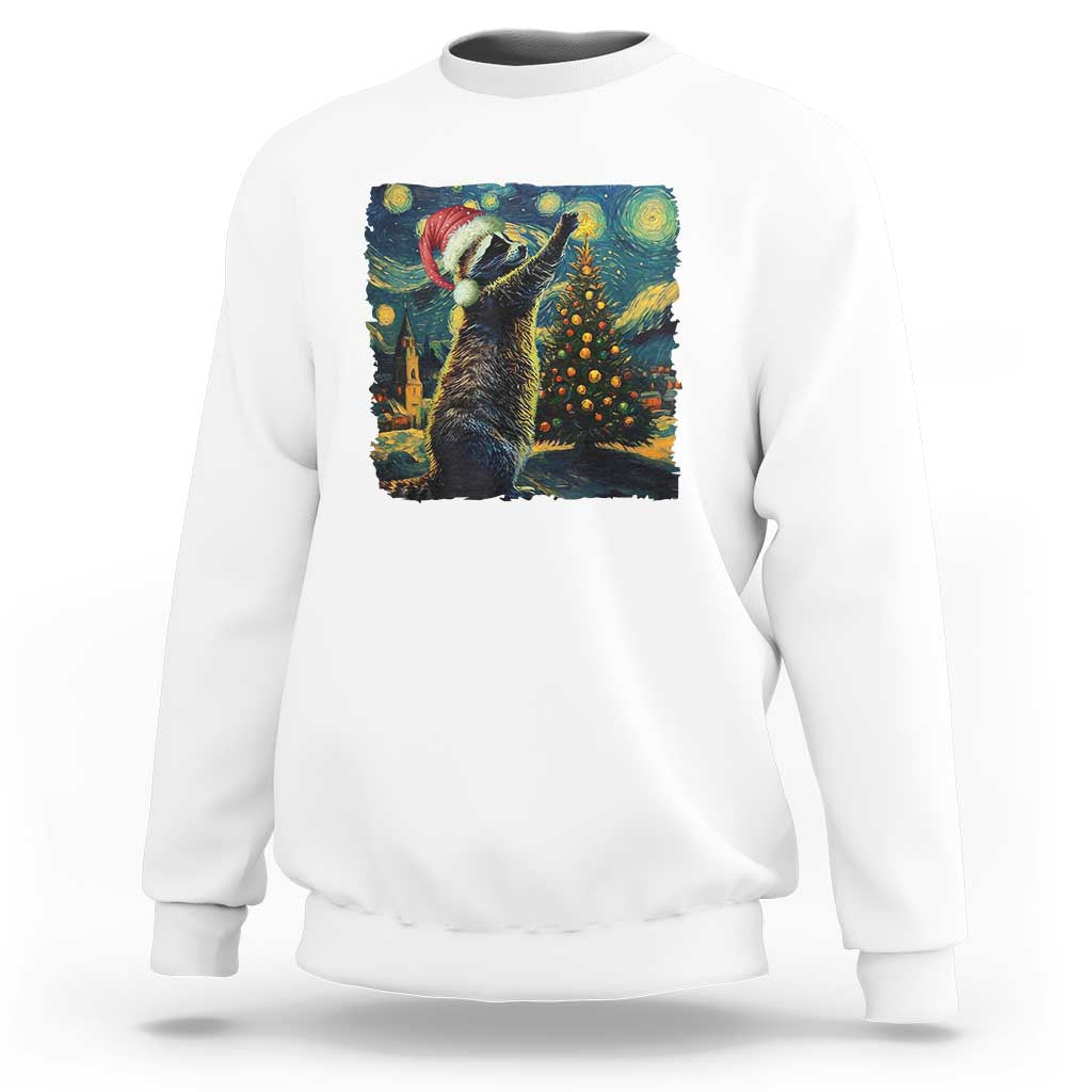 White crewneck sweatshirt with colorful raccoon holiday art on the front