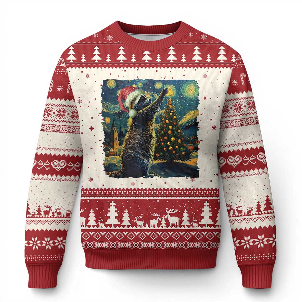 Ugly Christmas sweater with raccoon artwork, red and cream fair isle stripes.