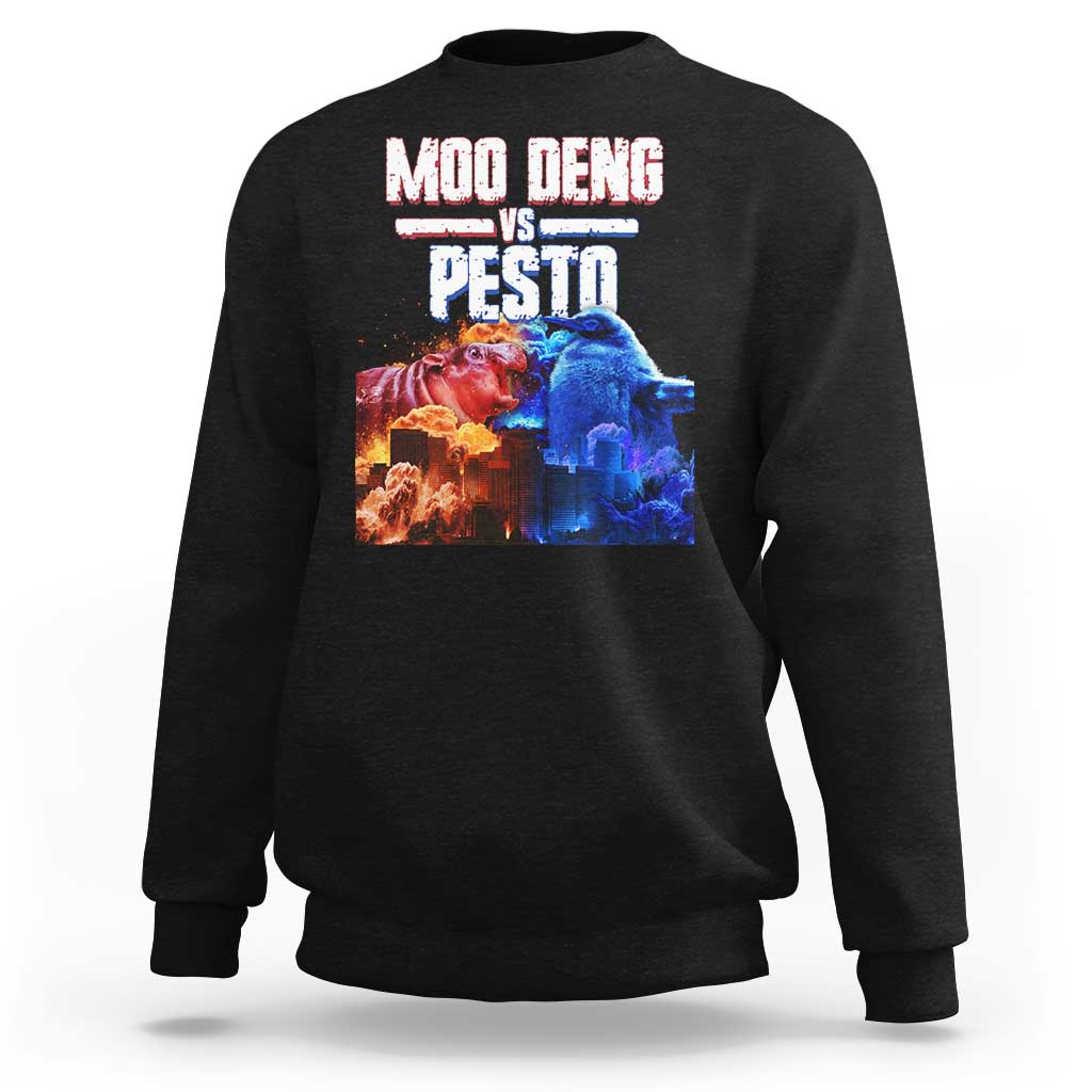 Black crewneck sweatshirt with colorful “MOO DENG VS PESTO” graphic on chest