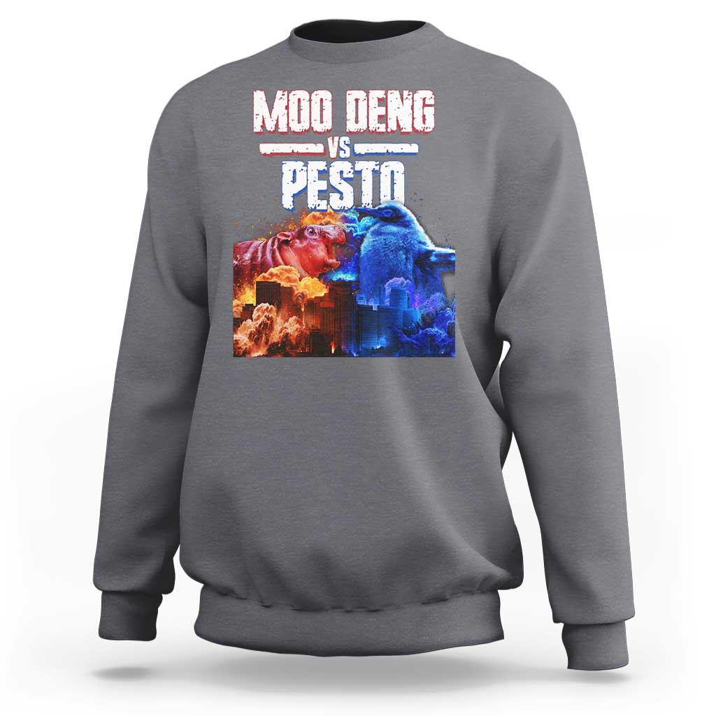 Charcoal crewneck sweatshirt with colorful “MOO DENG VS PESTO” graphic on chest