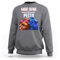 Charcoal crewneck sweatshirt with colorful “MOO DENG VS PESTO” graphic on chest