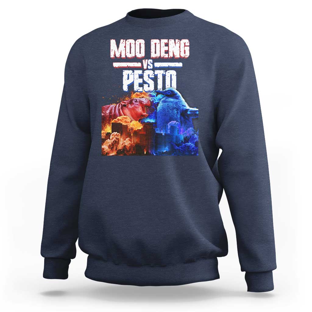 Navy crewneck sweatshirt with colorful “MOO DENG VS PESTO” graphic on chest