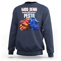 Navy crewneck sweatshirt with colorful “MOO DENG VS PESTO” graphic on chest