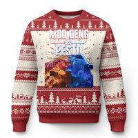 Red and cream Christmas sweater with fair-isle border and Moo Deng vs Pesto artwork