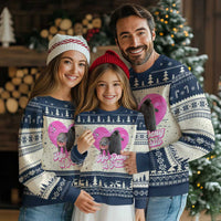 Navy ugly Christmas sweater with pink heart Moo Deng & Pesto graphic and tree fair isle