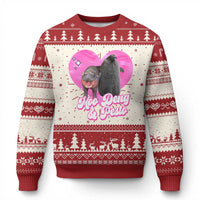 Red ugly Christmas sweater with pink heart Moo Deng & Pesto graphic and tree fair isle