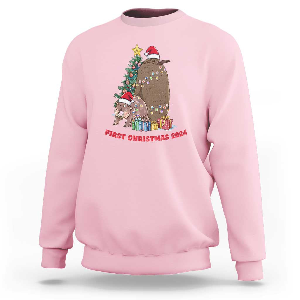 Light pink Christmas sweatshirt with “First Christmas 2024” holiday graphic on front