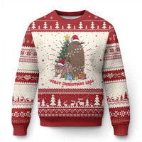 Cream and red ugly Christmas sweater with character graphic and festive fair isle stripe
