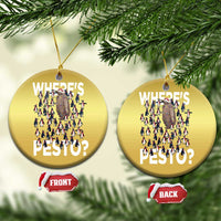 Two gold circular ornaments on tree branches, each with “Where’s PESTO?” and front/back labels.