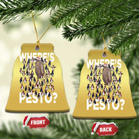 Gold bell-shaped ornament pair with “Where’s PESTO?” front and back labels for each.