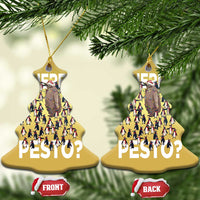 Two gold bell-shaped ornaments with “Where’s PESTO?” shown with separate front and back tags.