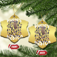 Two gold Christmas tree-shaped ornaments with “Where’s PESTO?” and front/back labels.