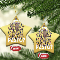 Two gold star-shaped ornaments with “Where’s PESTO?” text and front/back labels attached.