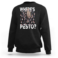 Black crewneck sweatshirt with “WHERE’S PESTO?” graphic and penguin pattern on front.