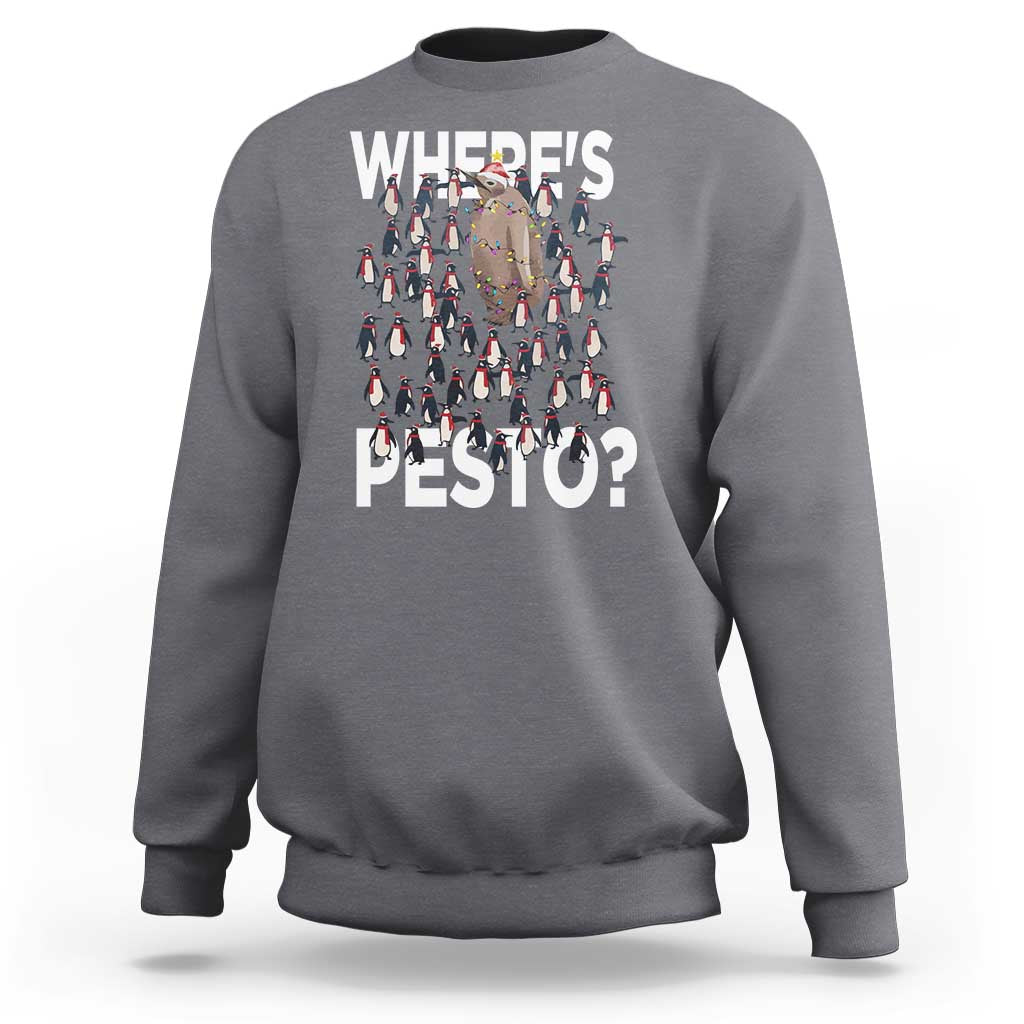 Charcoal gray crewneck sweatshirt with “WHERE’S PESTO?” graphic and penguin pattern on front.