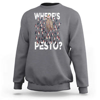 Charcoal gray crewneck sweatshirt with “WHERE’S PESTO?” graphic and penguin pattern on front.