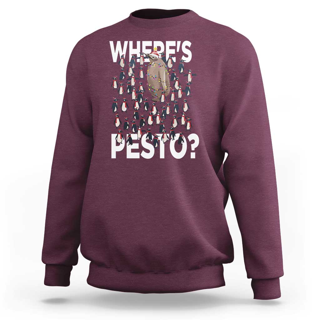 Maroon crewneck sweatshirt with “WHERE’S PESTO?” graphic and penguin pattern on front.