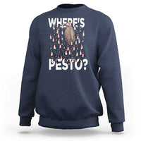 Navy crewneck sweatshirt with “WHERE’S PESTO?” graphic and penguin pattern on front.