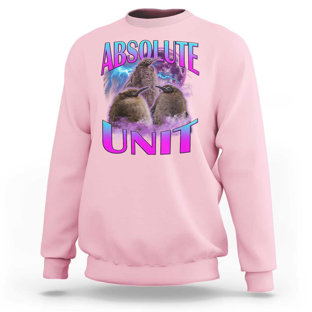 Light pink crewneck sweatshirt with penguin graphic and “ABSOLUTE UNIT” print on chest.