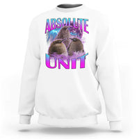 White crewneck sweatshirt with penguin graphic and “ABSOLUTE UNIT” print on chest.