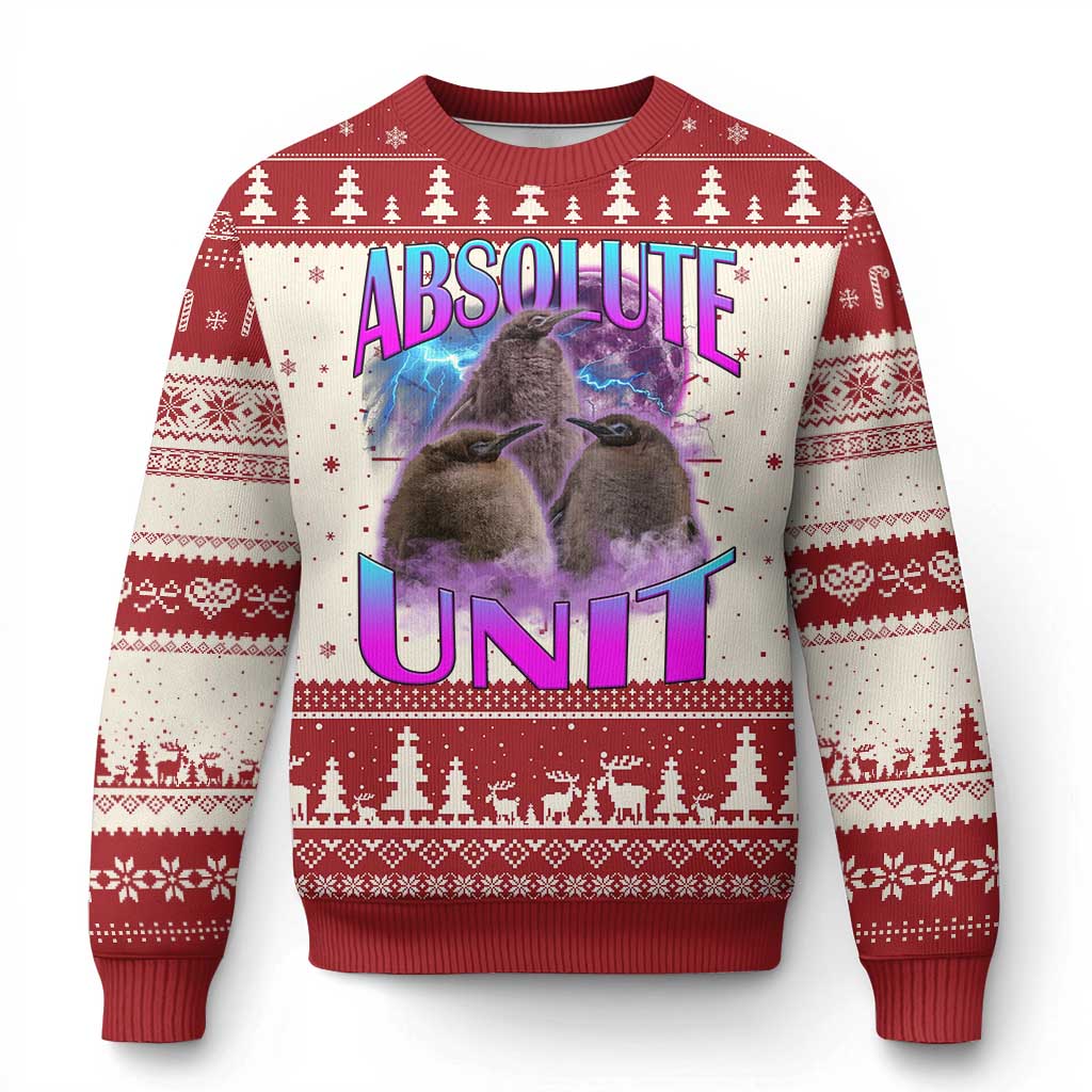 Red ugly Christmas sweater with penguin graphic and 'ABSOLUTE UNIT' text, crew neck.