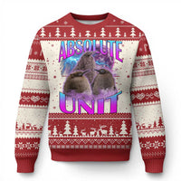 Red ugly Christmas sweater with penguin graphic and 'ABSOLUTE UNIT' text, crew neck.