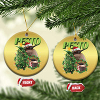 Set of gold circle Christmas ornaments with PESTO penguin artwork, front and back labels