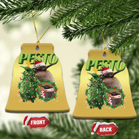 Set of gold bell-shaped Christmas ornaments with PESTO penguin design, front and back