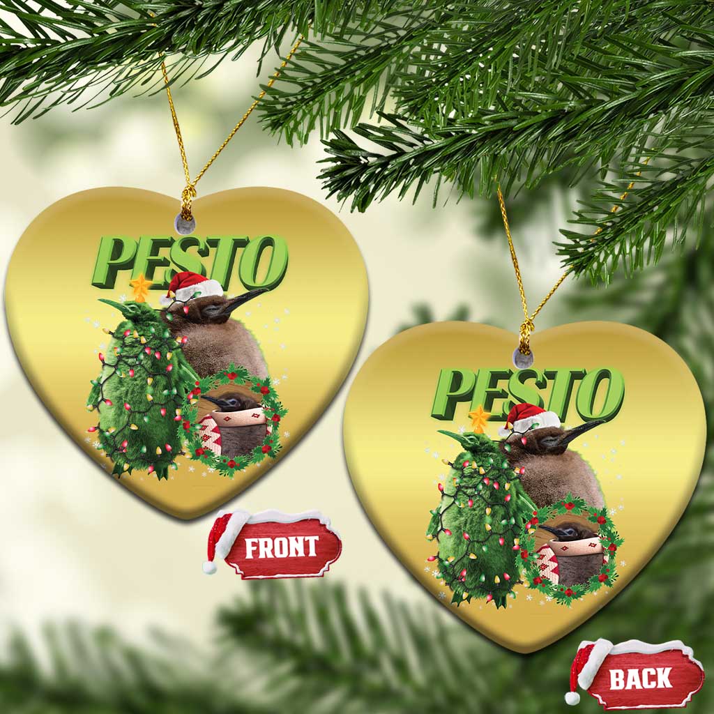 Set of gold heart-shaped Christmas ornaments with PESTO penguin design, front and back