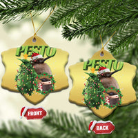 Set of gold star-shaped Christmas ornaments with PESTO penguin design, front and back