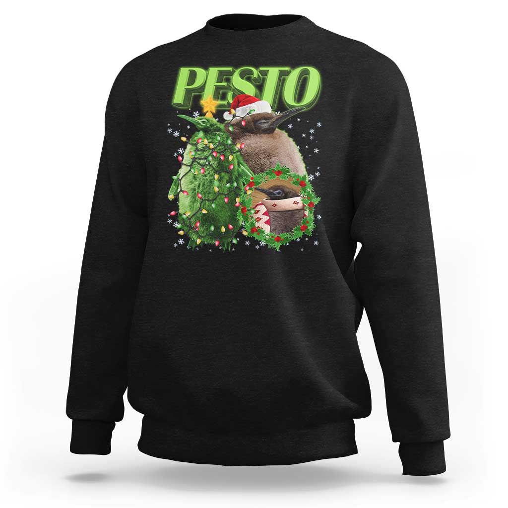 Black crewneck sweatshirt with Christmas pesto penguin graphic