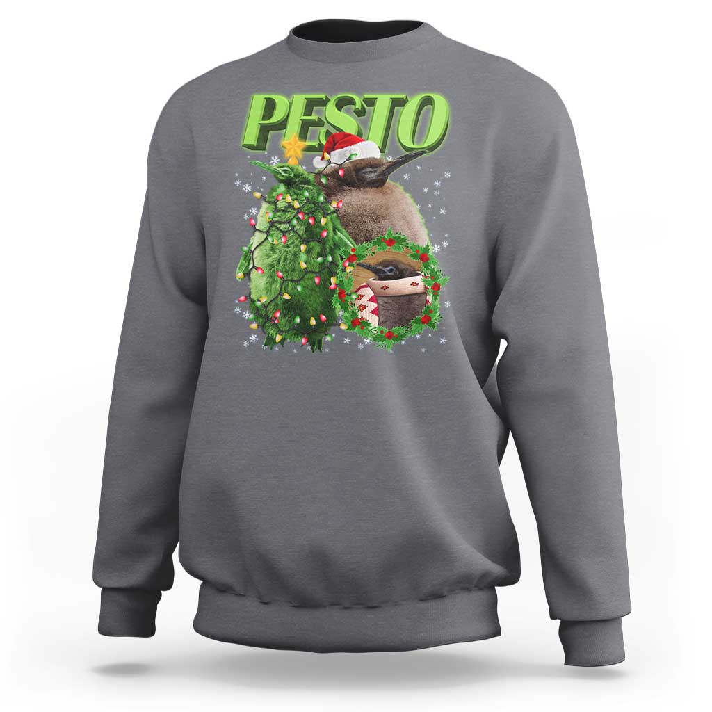 Charcoal crewneck sweatshirt with Christmas pesto penguin graphic