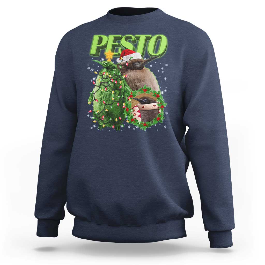 Navy crewneck sweatshirt with Christmas pesto penguin graphic