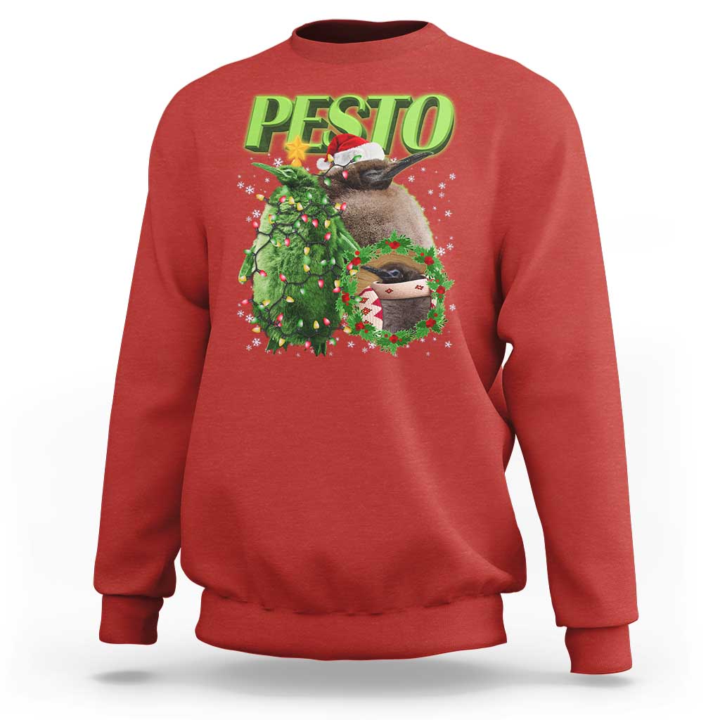 Red crewneck sweatshirt with Christmas pesto penguin graphic