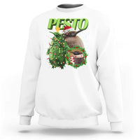 White crewneck sweatshirt with Christmas pesto penguin graphic