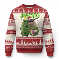 Red holiday ugly Christmas sweater with PESTO text and reindeer tree graphic