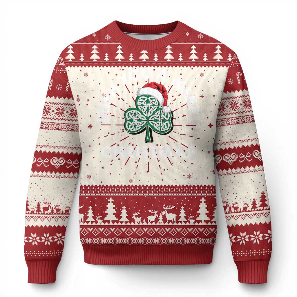 Red and cream ugly Christmas sweater with green Celtic shamrock and festive tree pattern