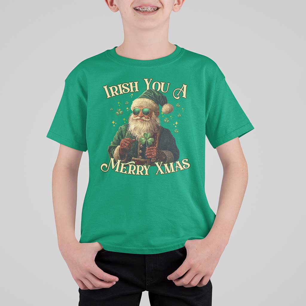 Irish You A Merry Xmas T Shirt For Kid Shamrock Santa Ireland Lucky - Wonder Print Shop