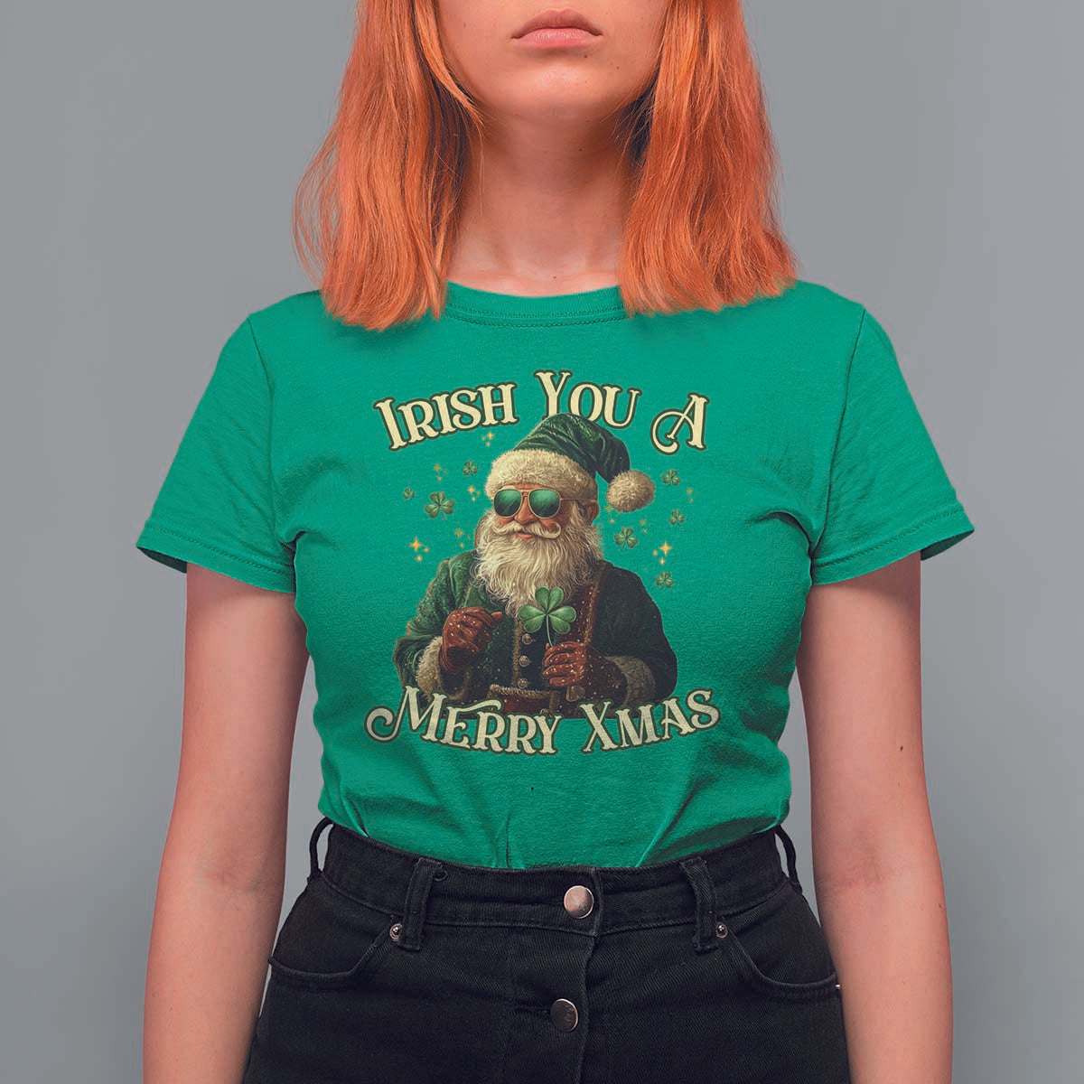 Irish You A Merry Xmas T Shirt For Women Shamrock Santa Ireland Lucky - Wonder Print Shop