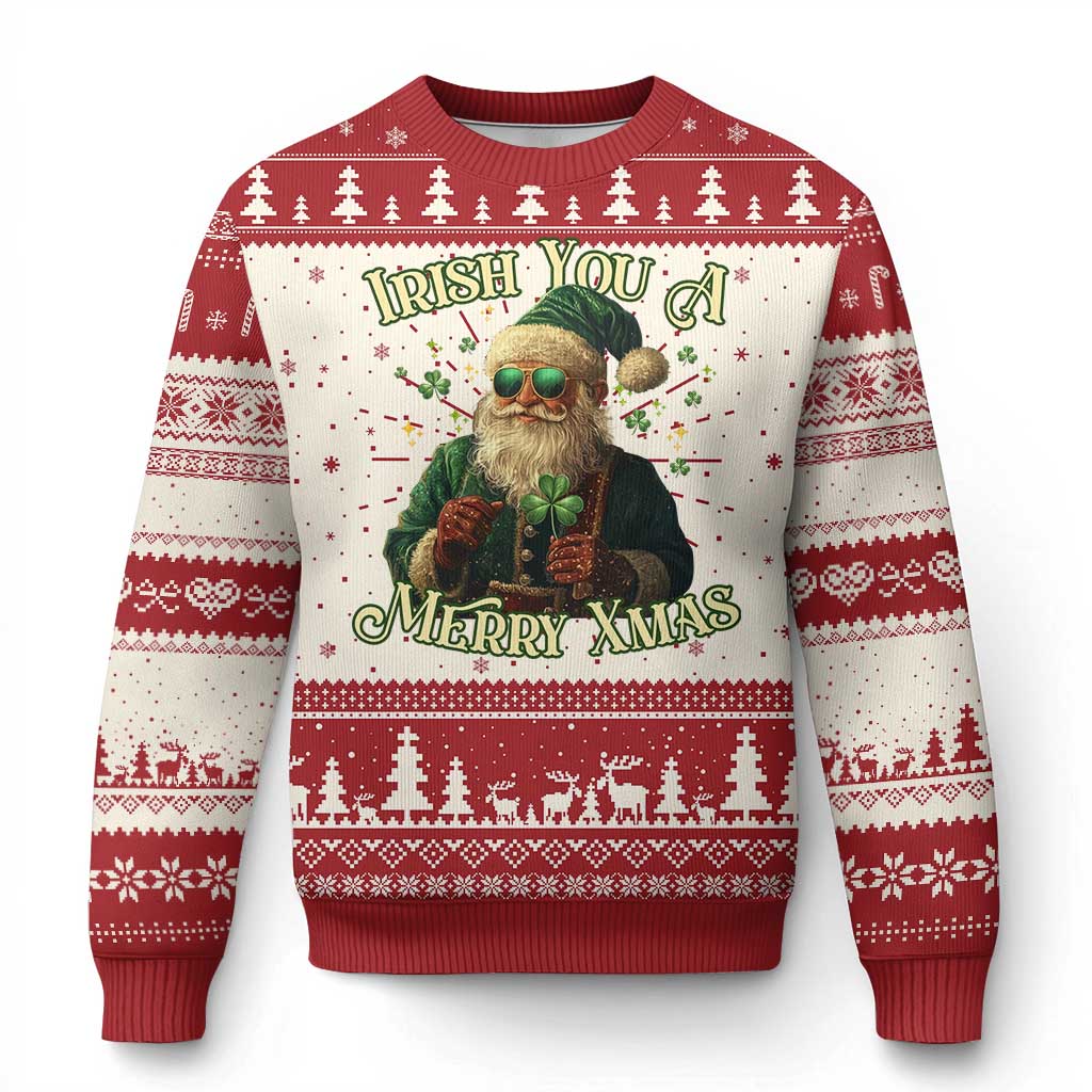 Red and white Irish Christmas sweater with leprechaun graphic, shamrock, and fair isle stripes