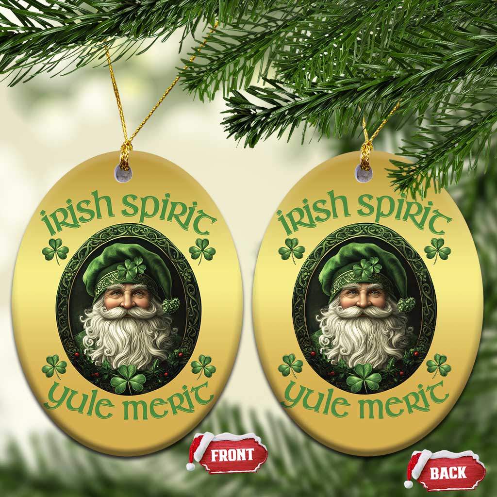 Gold oval Christmas ornament set with green leprechaun portrait and clover accents
