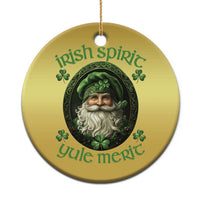 Gold round Christmas ornament with green leprechaun portrait and clover accents
