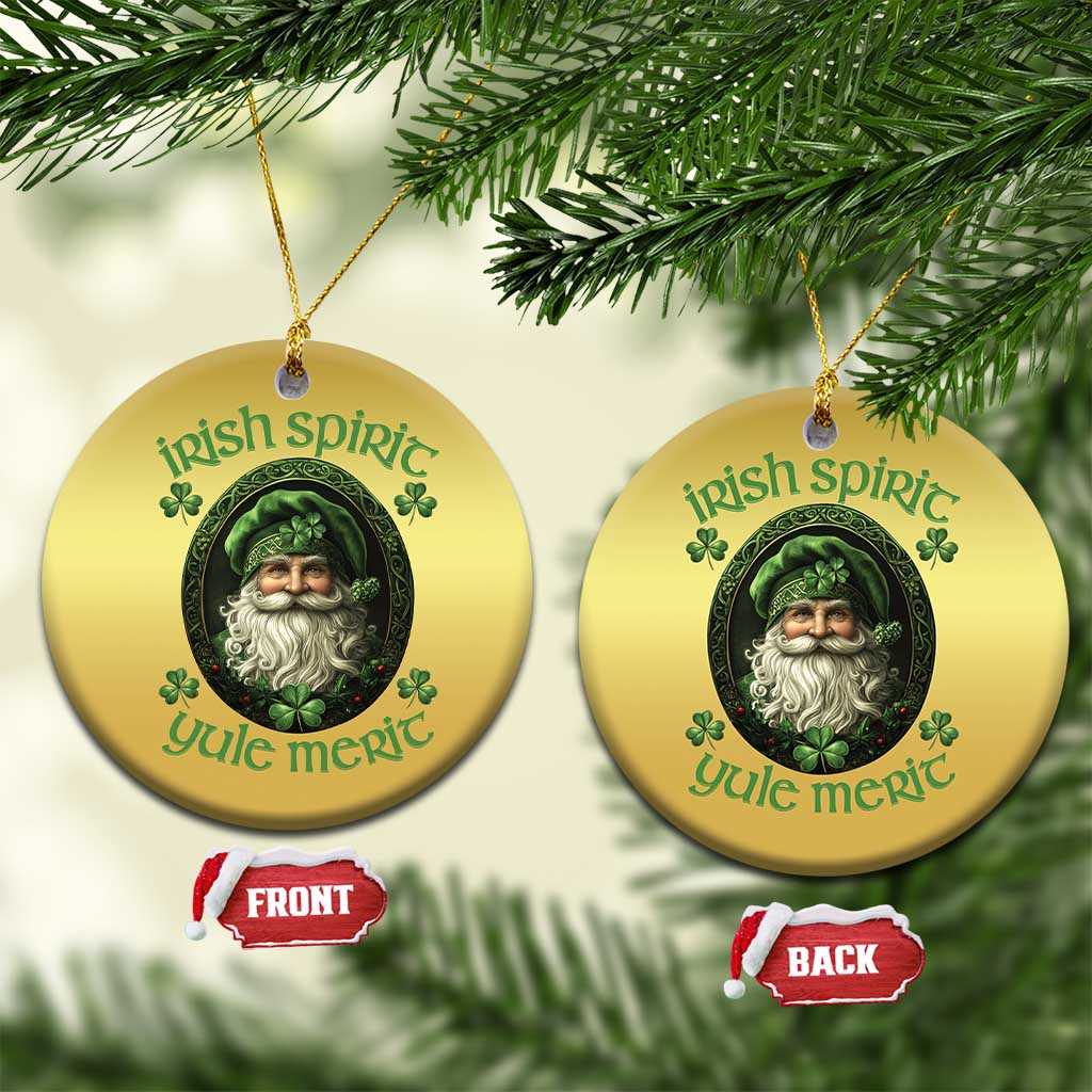 Set of gold round Christmas ornaments with green leprechaun art, hanging on branches