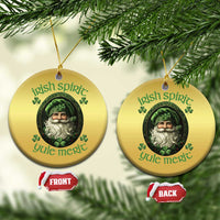 Set of gold round Christmas ornaments with green leprechaun art, hanging on branches
