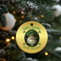Gold round Christmas ornament with green leprechaun portrait and clover details