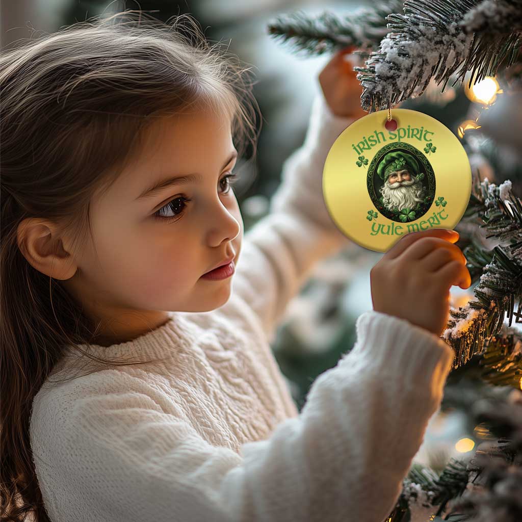 Gold round Christmas ornament with green leprechaun portrait hanging from a tree