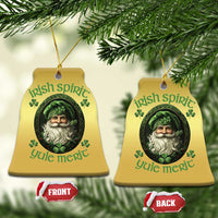 Gold bell-shaped Christmas ornament set with green leprechaun portrait and front/back tags