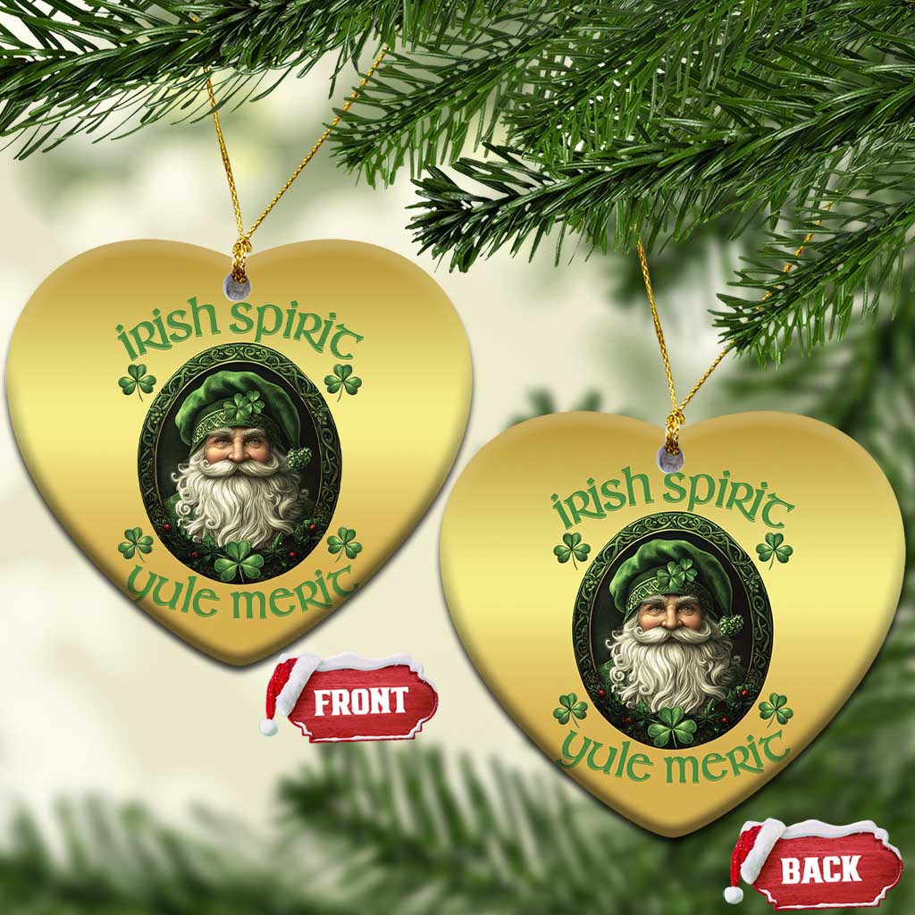 Gold heart-shaped Christmas ornaments with green leprechaun portrait and clover accents