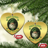 Gold heart-shaped Christmas ornaments with green leprechaun portrait and clover accents
