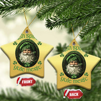 Gold star-shaped Christmas ornaments with green leprechaun portrait and clover accents